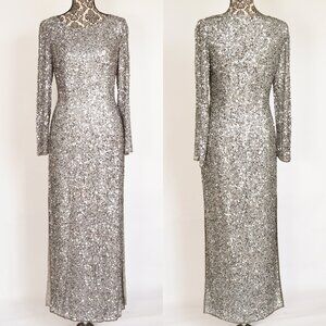 NWT Vintage Scala Hand Sewn Platnuim Silver Sequin Silk Dress Sz 8 Formal